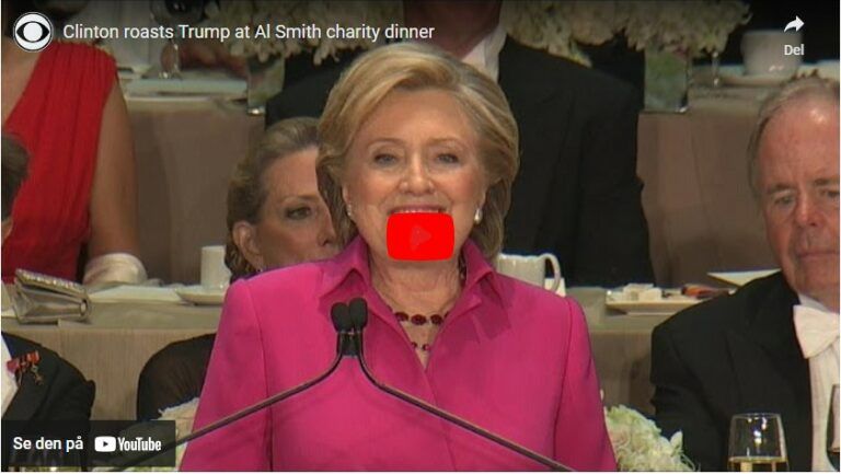 Clinton roasts Trump at Al Smith charity dinner.