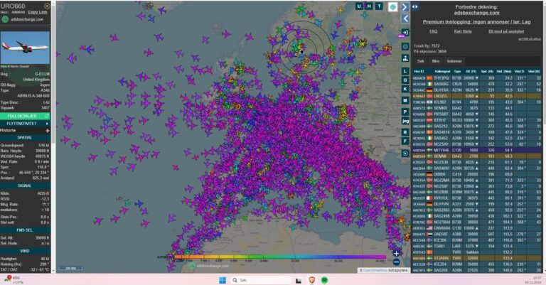 Kartet viser antall fly over Europa 05.11 2024