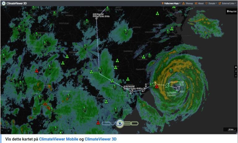 Spor orkanen Firenze og se NEXRAD Radars, Nuclear Power Plants og River Flood Levels lever med ClimateViewer 3D!